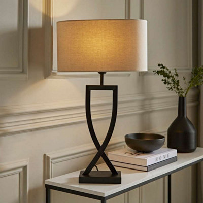 Valuelights Katniss Large Black Metal Bedside Table Lamp With An Oatmeal Oval Fabric LampshadeBulb Included from B&Q