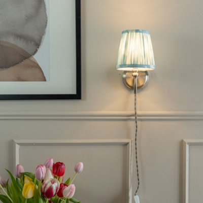 B&Q -  Neely Pair OfPlug In Brushed Chrome Easy Fit Wall Lights With Blue Pleated Fabric Tapered Lampshade