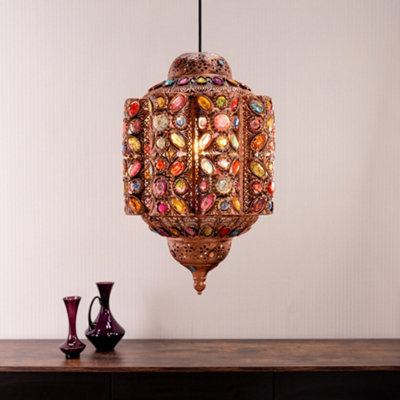Valuelights Leyla Moroccan Bazaar Style Bronze Lantern Easy Fit Ceiling Light Shade With Multi Coloured Jewels And Bulb (D)30Cm from B&Q