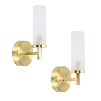 B&Q -  Canya Pair Of Brushed Gold Ip44 Rated Bathroom Frosted Reeded Glass Wall Lights