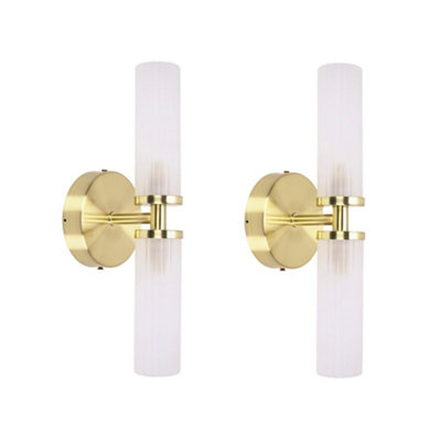 Valuelights Canya Pair Of Brushed Ip44 Up Down 2 Way Frosted Reeded Glass Wall Lights Gold