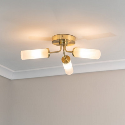 B&Q -  Canya Gold Ip44 Bathroom 3 Way Reeded Glass Flush Ceiling Light With Led Bulbs