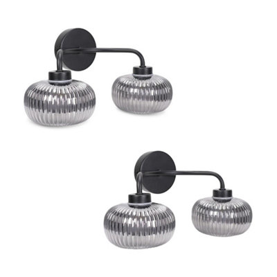 Valuelights Amaia Pair Of Matte Ip44 Rated 2 Way Smoked Ribbed Glass Wall Lights Black