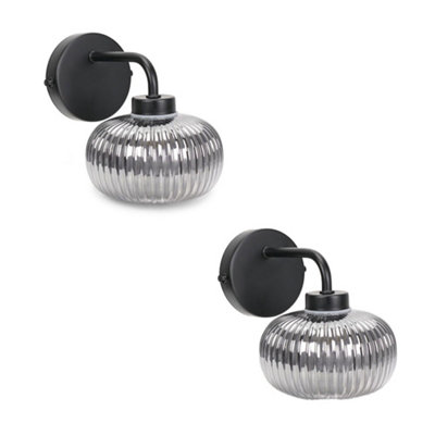 Valuelights Black Amaia Pair Of Matte Ip44 Rated Single Smoked Ribbed Glass Wall Lights
