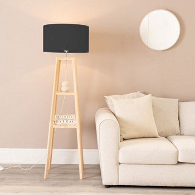 Valuelights Wakefield Two Storage Shelf Wooden Floor Lamp With Black Fabric Shade from B&Q