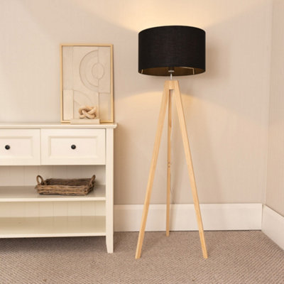 B&Q -  Jackson Natural Wood Tripod Floor Lamp With Black Fabric Lamp Shade