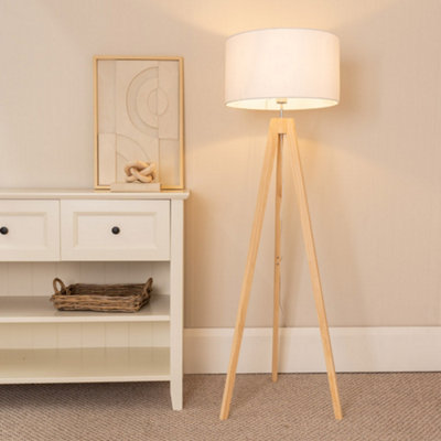 B&Q -  Jackson Natural Wood Tripod Floor Lamp With White Fabric Lamp Shade