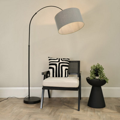 Valuelights Black/Grey Louis Arched Curved Floor Lamp With Fabric Drum Lamp Shade