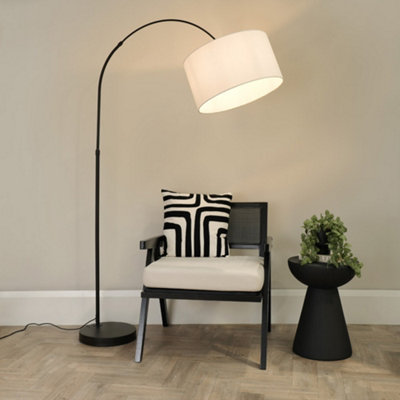 B&Q -  Louis Black Arched Curved Floor Lamp With White Fabric Drum Lamp Shade