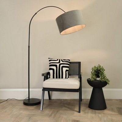 B&Q -  Louis Black Arched Curved Floor Lamp With Grey Velvet Drum Lamp Shade