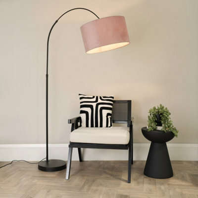 B&Q -  Louis Black Arched Curved Floor Lamp With Blush Pink Velvet Drum Lamp Shade