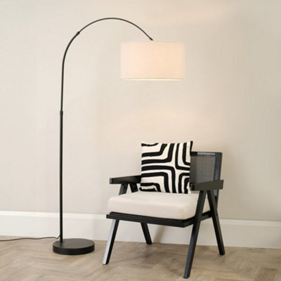 B&Q -  Louis Black Arched Curved Floor Lamp With Cream Boucle Drum Lamp Shade