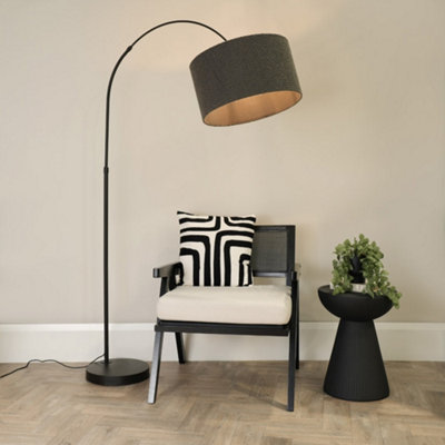 Valuelights Louis Arched Curved Floor Lamp With Charcoal Boucle Drum Lamp Shade Black