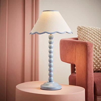 Valuelights Bobbles Powder Blue Bobbin Table Lamp With Blue Trim Scallop Shade from B&Q