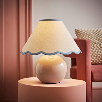 B&Q -  Bosco Stone Natural Ceramic Table Lamp With Blue Trim Scallop Shade