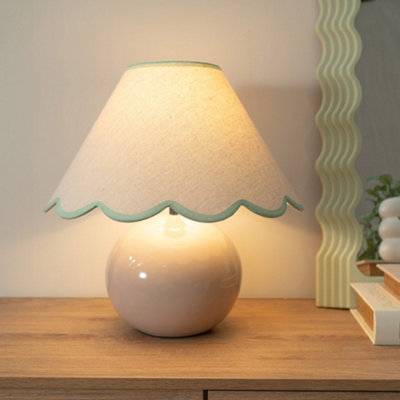 B&Q -  Bosco Stone Natural Ceramic Table Lamp With Green Trim Scallop Shade