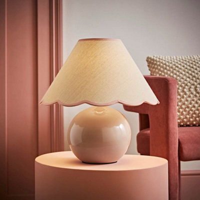B&Q -  Bosco Stone Natural Ceramic Table Lamp With Pink Trim Scallop Shade