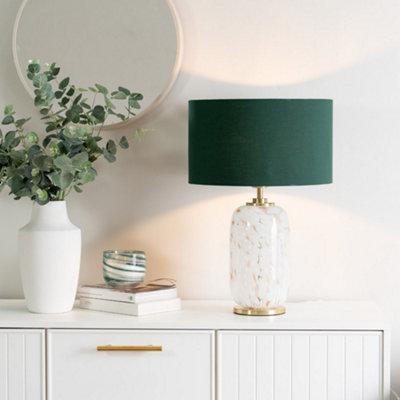 B&Q -  India Gold Metal And White Confetti Glass Table Lamp With Forest Green Drum Lampshade