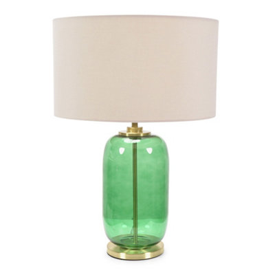 Valuelights Leigh Forest Glass And Detail Table Lamp With Natural Drum Shade Green/Gold