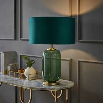 Valuelights Green/Gold Leigh Forest Glass And Detail Table Lamp With Velvet Drum Shade