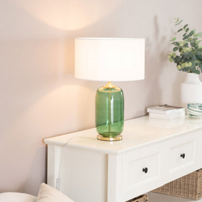 B&Q -  Leigh Forest Green Glass And Gold Detail Table Lamp With White Drum Shade