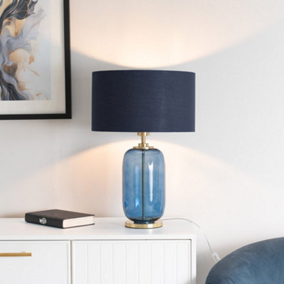 Valuelights Leigh Navy Glass And Detail Table Lamp With Drum Shade Blue/Gold