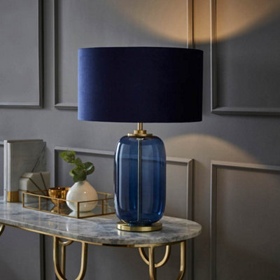 Valuelights Leigh Navy Glass And Detail Table Lamp With Velvet Drum Shade Blue/Gold