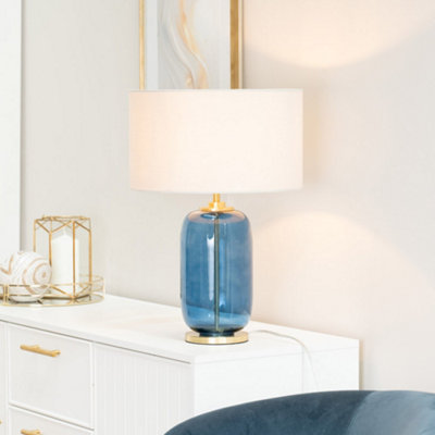 B&Q -  Leigh Navy Blue Glass And Gold Detail Table Lamp With White Drum Shade