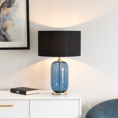 Valuelights Leigh Navy Glass And Detail Table Lamp With Drum Shade Blue/Gold/Black