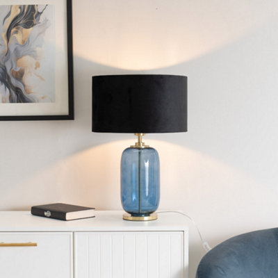Valuelights Leigh Navy Glass And Detail Table Lamp With Velvet Drum Shade Blue/Gold/Black