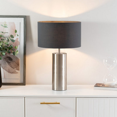 Valuelights Lexy Brushed Chrome Touch Table Lamp With Charcoal Grey Drum Shade
