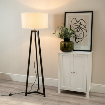 B&Q -  Lottie Black Wood Tripod Floor Lamp With Cream Boucle Drum Shade