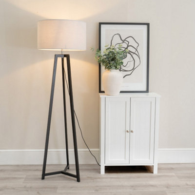 B&Q -  Lottie Black Wood Tripod Floor Lamp With Grey Drum Shade