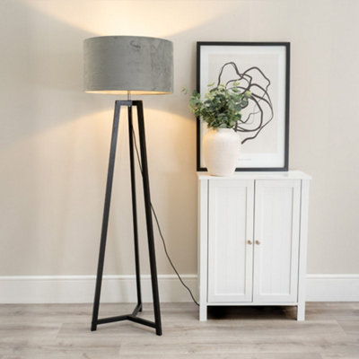 B&Q -  Lottie Black Wood Tripod Floor Lamp With Grey Velvet Drum Shade
