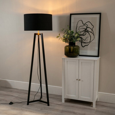 B&Q -  Lottie Black Wood Tripod Floor Lamp With Black/gold Drum Shade
