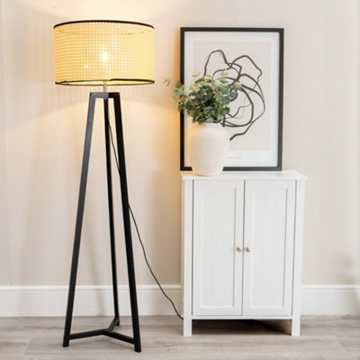 B&Q -  Lottie Black Wood Tripod Floor Lamp With Natural Cane Rattan Drum Shade