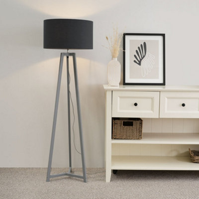 Valuelights Grey Lottie Wood Tripod Floor Lamp With Charcoal Drum Shade
