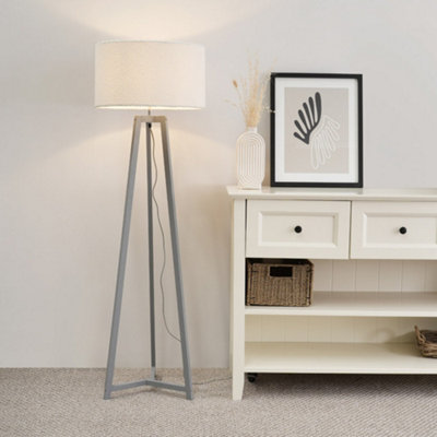 Valuelights Grey/Cream Lottie Wood Tripod Floor Lamp With Boucle Drum Shade