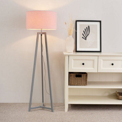 Valuelights Grey/Pink Lottie Wood Tripod Floor Lamp With Blush Drum Shade