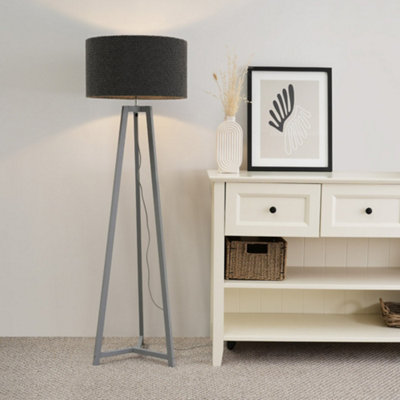 Valuelights Lottie Wood Tripod Floor Lamp With Charcoal Boucle Drum Shade Grey