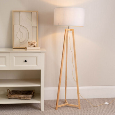 B&Q -  Lottie Natural Wood Tripod Floor Lamp With White Drum Shade