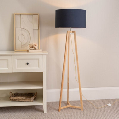 B&Q -  Lottie Natural Wood Tripod Floor Lamp With Navy Blue Drum Shade