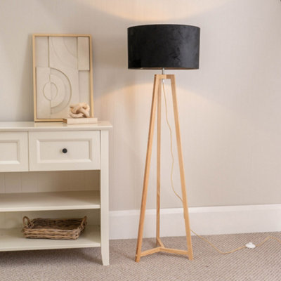 Valuelights Black Lottie Natural Wood Tripod Floor Lamp With Velvet Drum Shade