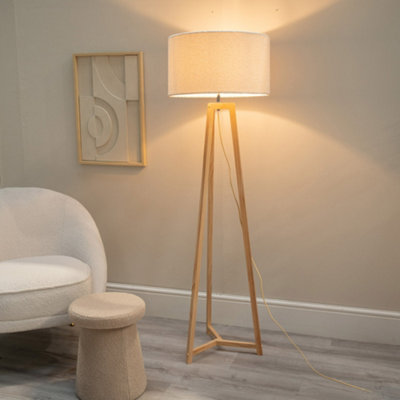 B&Q -  Lottie Natural Wood Tripod Floor Lamp With Cream Boucle Drum Shade