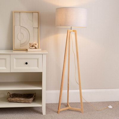 B&Q -  Lottie Natural Wood Tripod Floor Lamp With Grey Drum Shade