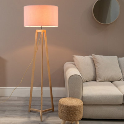 B&Q -  Lottie Natural Wood Tripod Floor Lamp With Blush Pink Drum Shade