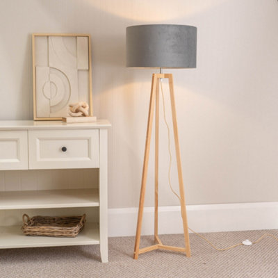 Valuelights Grey Lottie Natural Wood Tripod Floor Lamp With Velvet Drum Shade
