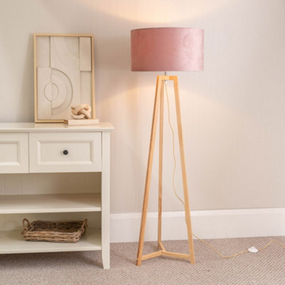 Valuelights Pink Lottie Natural Wood Tripod Floor Lamp With Blush Velvet Drum Shade