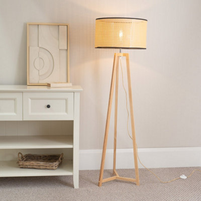 Valuelights Lottie Natural Wood Tripod Floor Lamp With Natural Woven Rattan Shade from B&Q