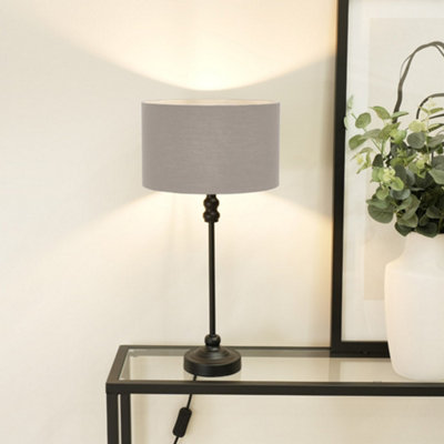 Valuelights Maggie Black Metal Candlestick Slim Table Lamp With Grey Fabric Drum Lamp Shade